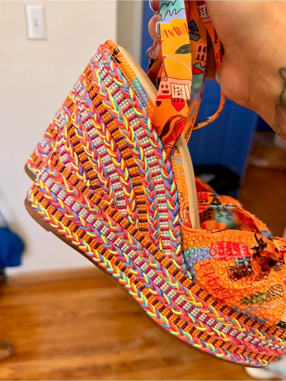 Gianni Bini Orange Multicolor Knotted Beaded Wedge Sandals